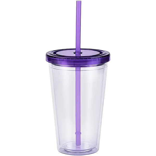 16Oz Double Wall Clear Plastic Cup with Straw