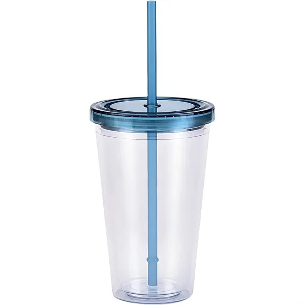 16Oz Double Wall Clear Plastic Cup with Straw