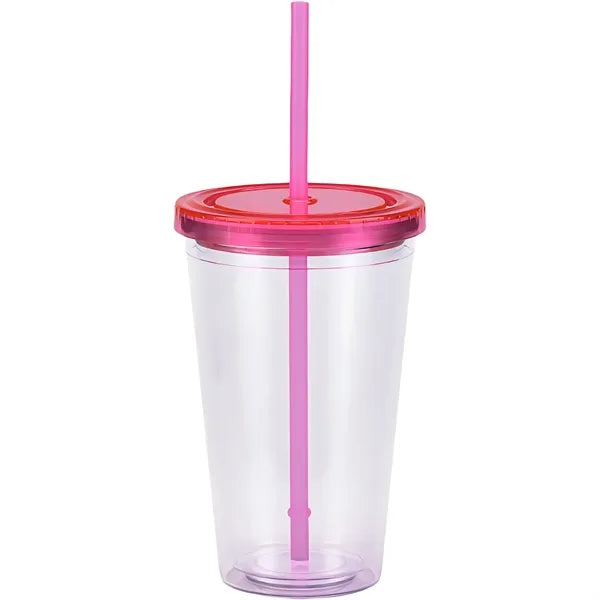16Oz Double Wall Clear Plastic Cup with Straw