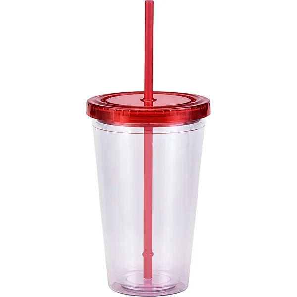16Oz Double Wall Clear Plastic Cup with Straw