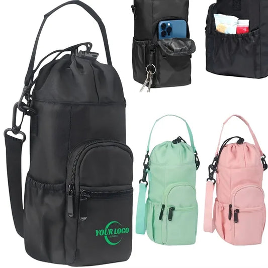 Water Bottle Drawstring Carrier Bag with Phone Pocket