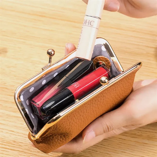 Vintage Clasp Leather Cosmetic Pouch with Metal Frame