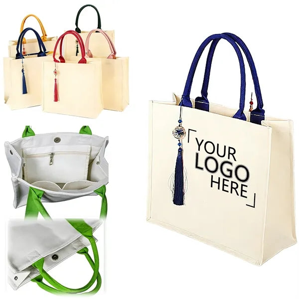 Canvas Shoulder Tote Bag With Color Handles