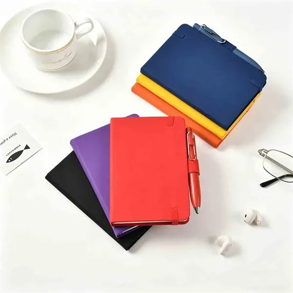 A6 PU Leather Notebook with Pen Holder & Gel Pen