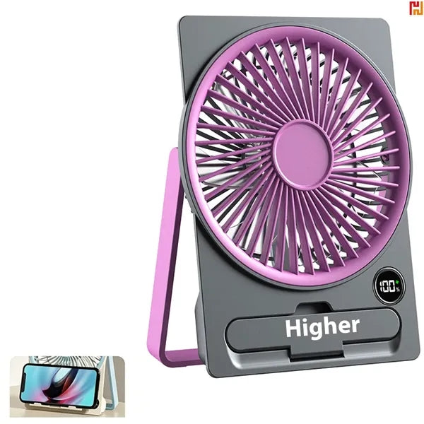 Style Rechargeable Desk Fan with Digital Display & Phone Sta