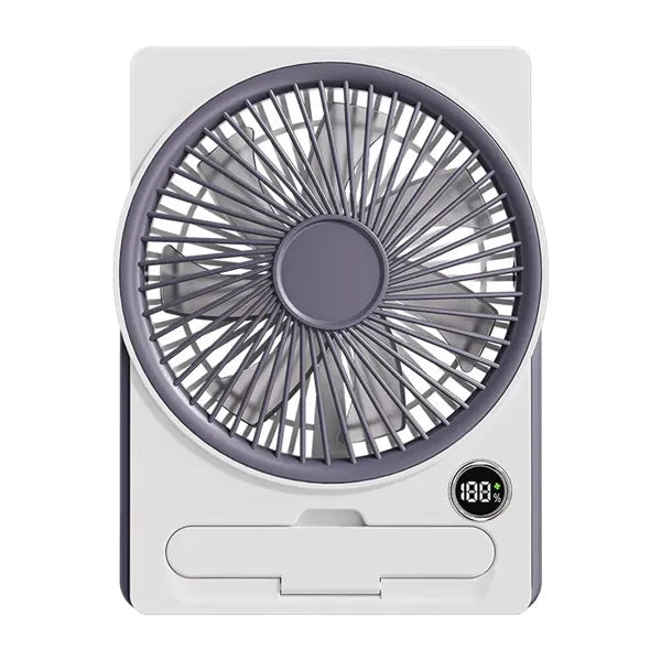 Style Rechargeable Desk Fan with Digital Display & Phone Sta