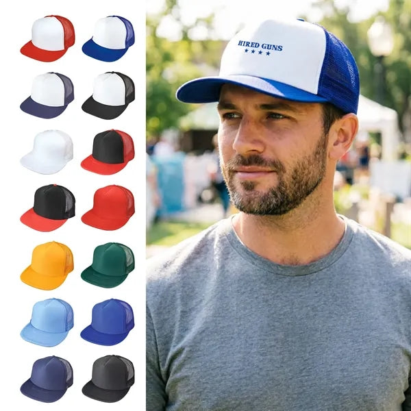 Flat Bill 5-Panel Poly-Foam Mesh Back Snapback Cap
