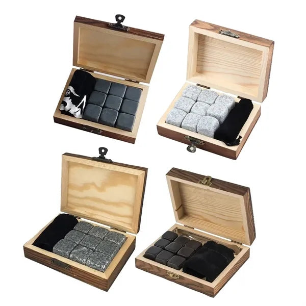 9-Piece Natural Granite Whiskey Stone Set with Velvet Pouch