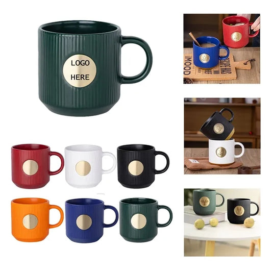 Retro Vertical Striped Ceramic Mug with Bronze Medal