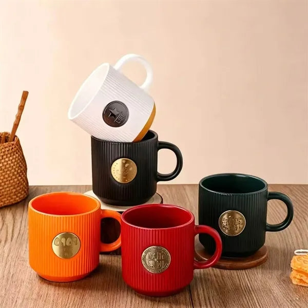 Retro Vertical Striped Ceramic Mug with Bronze Medal