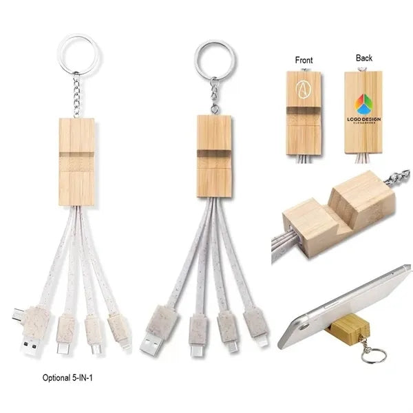 Bamboo Phone Holder Keyring With Charging Cables