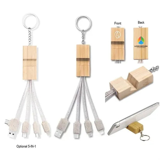 Bamboo Phone Holder Keyring With Charging Cables