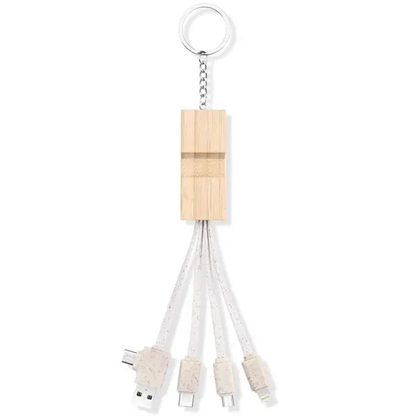 Bamboo Phone Holder Keyring With Charging Cables