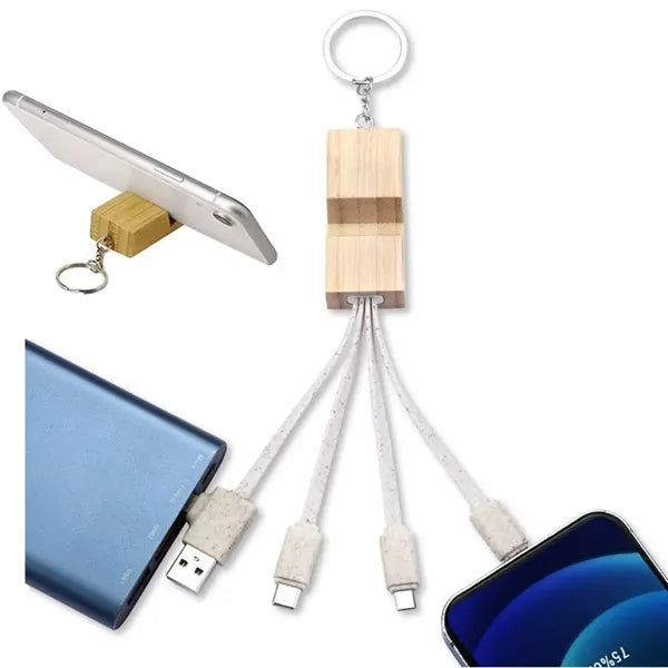 Bamboo Phone Holder Keyring With Charging Cables