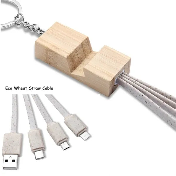 Bamboo Phone Holder Keyring With Charging Cables