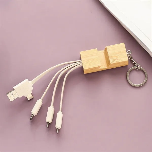 Bamboo Phone Holder Keyring With Charging Cables