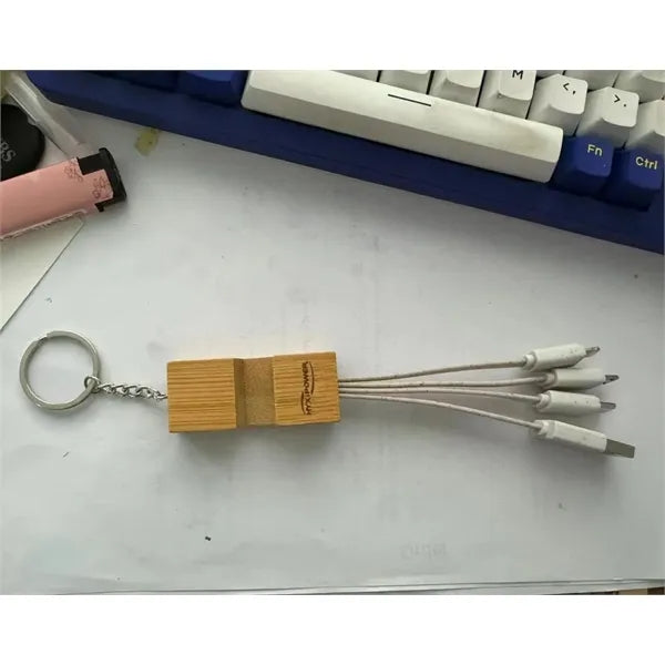 Bamboo Phone Holder Keyring With Charging Cables