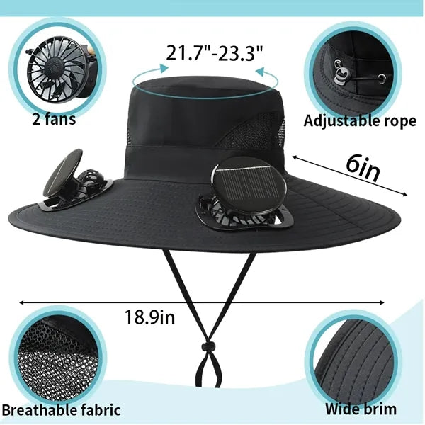 Solar Powered Cooling Fan Hat Wide Brim Sun Protection
