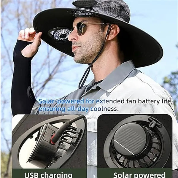 Solar Powered Cooling Fan Hat Wide Brim Sun Protection