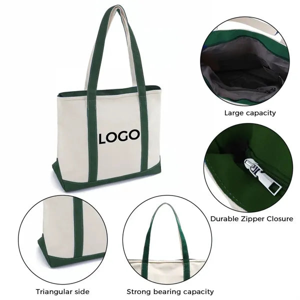 16oz Canvas Zipper Large Capacity Casual Shoulder Tote Bag