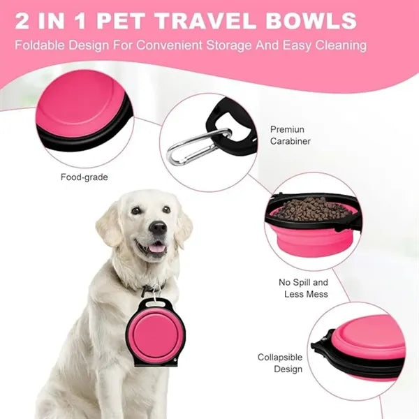 2in1 Foldable Silicone Pet Travel Bowl with a carabiner clip