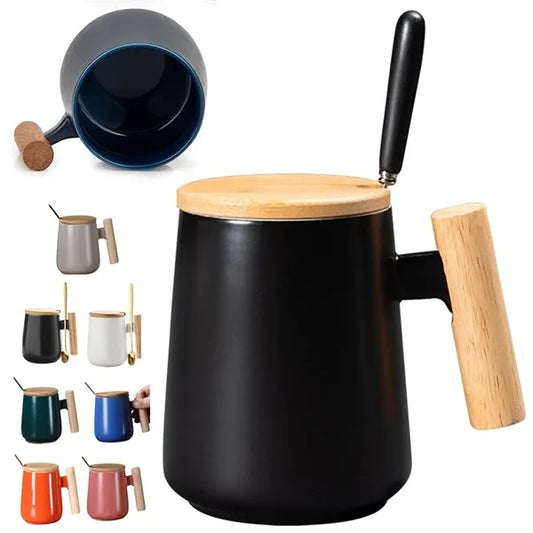 15 oz. Ceramic Coffee Mug with Bamboo Lid and Wood Handle