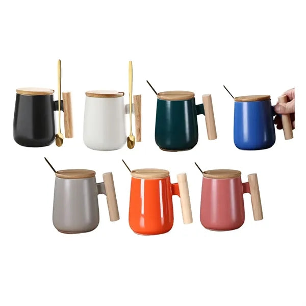 15 oz. Ceramic Coffee Mug with Bamboo Lid and Wood Handle