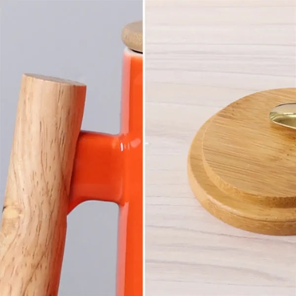 15 oz. Ceramic Coffee Mug with Bamboo Lid and Wood Handle