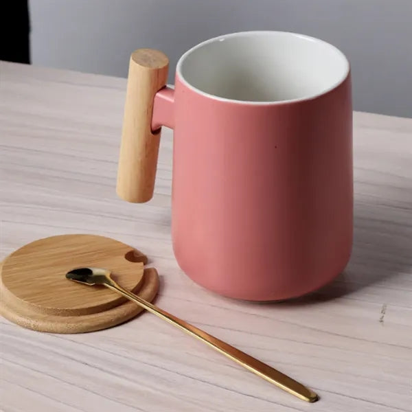 15 oz. Ceramic Coffee Mug with Bamboo Lid and Wood Handle