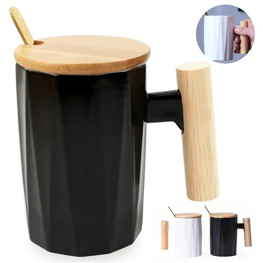 12oz. Ceramic Mug with Wooden Handle Lid and Spoon