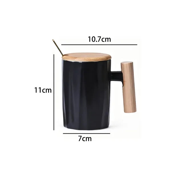 12oz. Ceramic Mug with Wooden Handle Lid and Spoon
