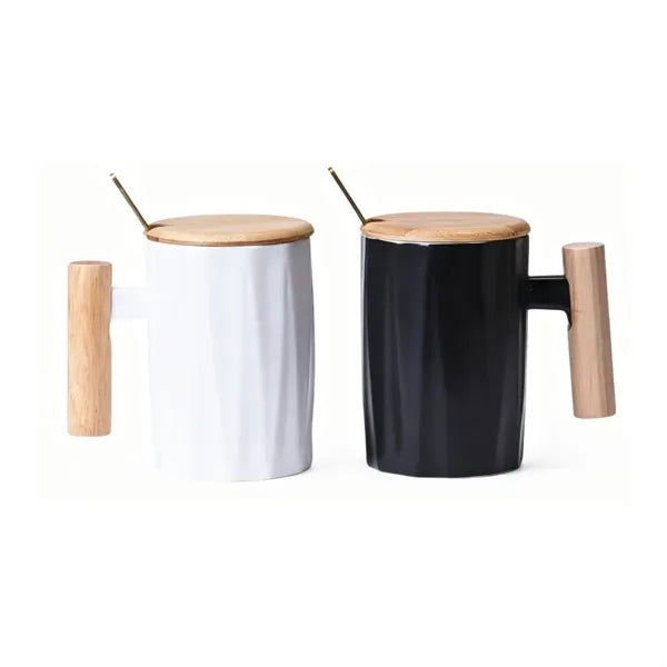 12oz. Ceramic Mug with Wooden Handle Lid and Spoon