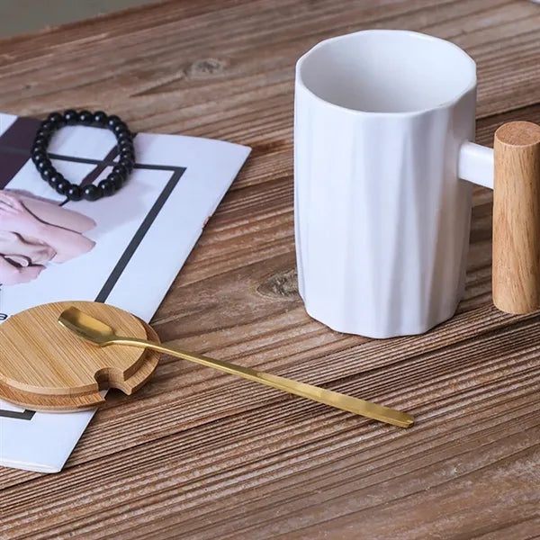 12oz. Ceramic Mug with Wooden Handle Lid and Spoon