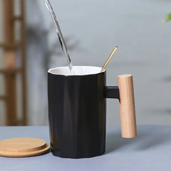12oz. Ceramic Mug with Wooden Handle Lid and Spoon