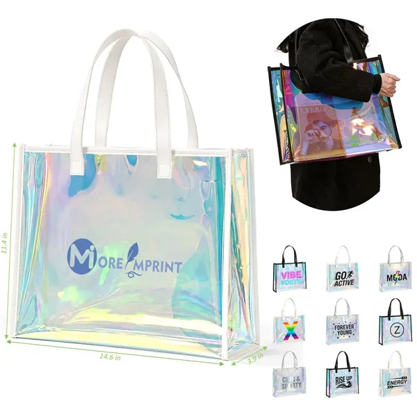 PVC Iridescent Laser Tote Bag PU Leather Trim