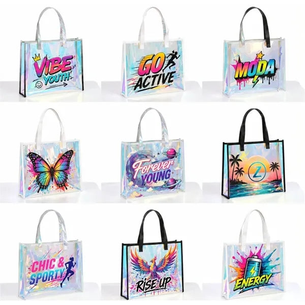 PVC Iridescent Laser Tote Bag PU Leather Trim
