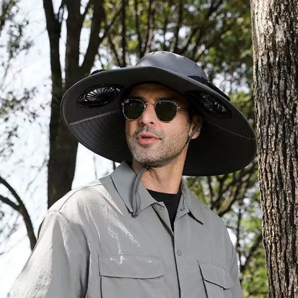 Wide Brim Sun Cap With 2 Solar Protection Fans