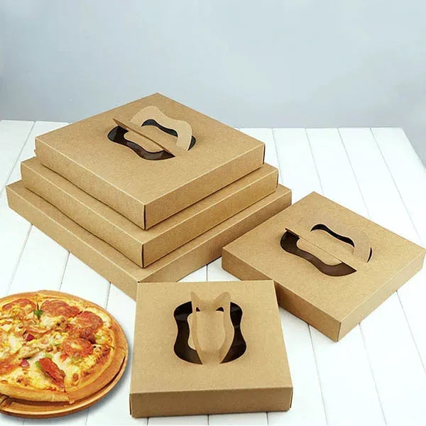 Kraft Paper Takeaway Cake Packaging Pizza Box with Handle