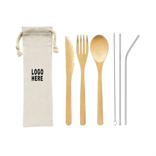 Natural Bamboo Cutlery Set Steel Straws w/ Pouch