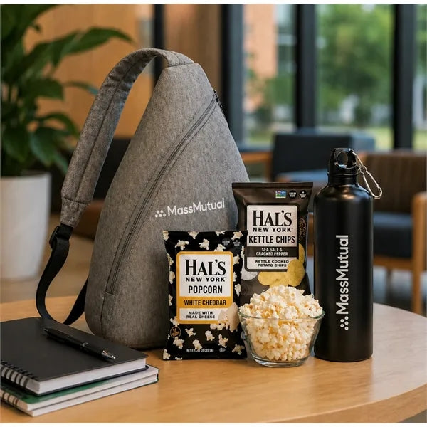 Branded Sling Backpack, Bottle and Snacks