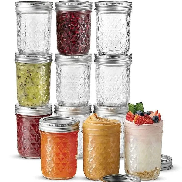 Diamond Embossed Clear Glass Mason Jar with Screw Lid