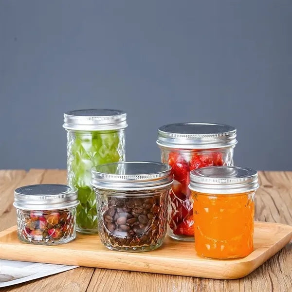 Diamond Embossed Clear Glass Mason Jar with Screw Lid