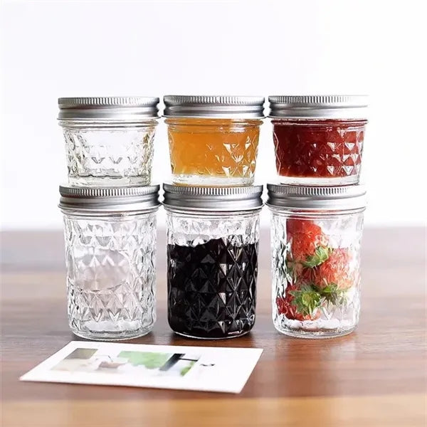 Diamond Embossed Clear Glass Mason Jar with Screw Lid