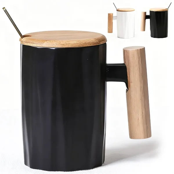 12oz. Ceramic Mug with Wooden Handle Lid and Spoon