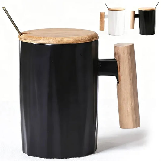 12oz. Ceramic Mug with Wooden Handle Lid and Spoon