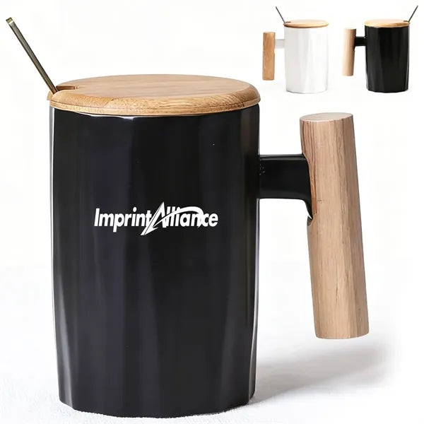 12oz. Ceramic Mug with Wooden Handle Lid and Spoon