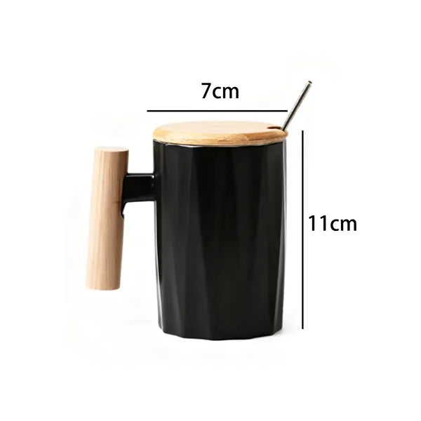 12oz. Ceramic Mug with Wooden Handle Lid and Spoon