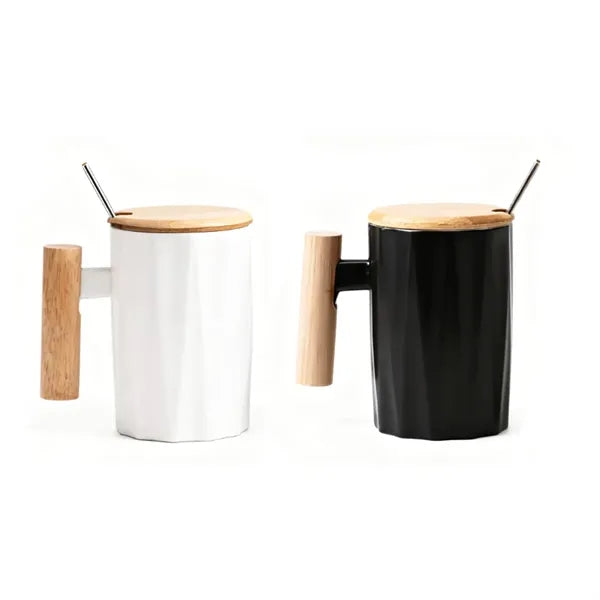 12oz. Ceramic Mug with Wooden Handle Lid and Spoon