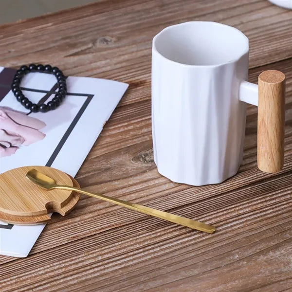 12oz. Ceramic Mug with Wooden Handle Lid and Spoon