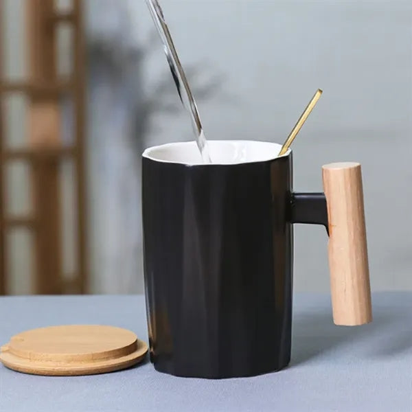 12oz. Ceramic Mug with Wooden Handle Lid and Spoon